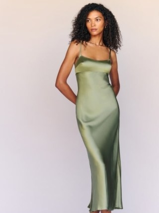 Reformation Kailyn Silk Dress in Artichoke ~ green silky skinny shoulder strap dresses - flipped
