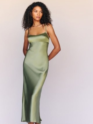 Reformation Kailyn Silk Dress in Artichoke ~ green silky skinny shoulder strap dresses