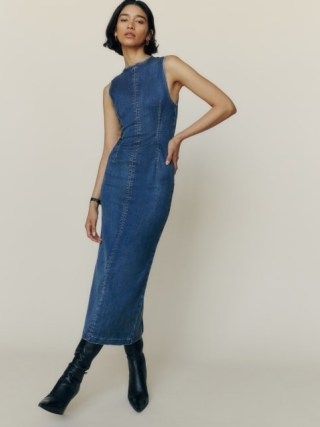Reformation Kendi Denim Midi Dress in Bleu | blue sleeveless fitted bodice column dresses