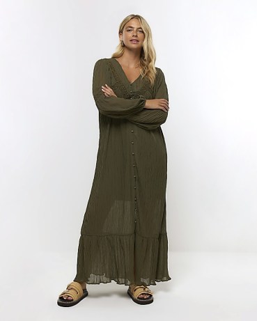 River Island KHAKI BRODERIE DETAIL SMOCK MAXI DRESS ~ women’s dark green boho dresses ~ bohemian fashion - flipped