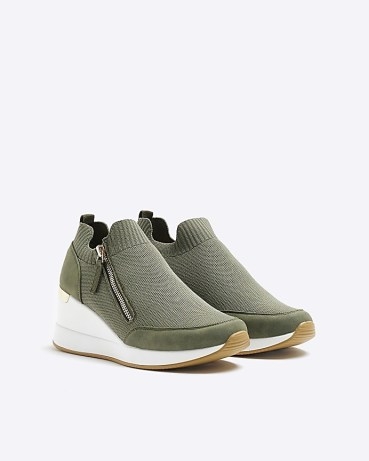 RIVER ISLAND KHAKI SLIP ON WEDGE TRAINERS ~ women’s green wedged sports style shoes - flipped