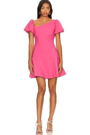 LIKELY Andrea Dress in Fushia | fuchsia pink puff sleeve mini dresses | asymmetric neckline - flipped