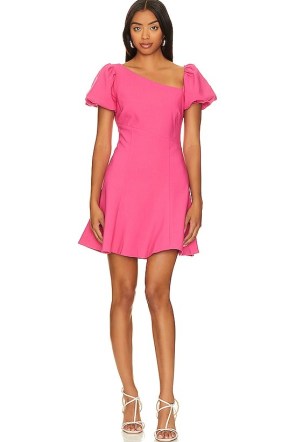 LIKELY Andrea Dress in Fushia | fuchsia pink puff sleeve mini dresses | asymmetric neckline