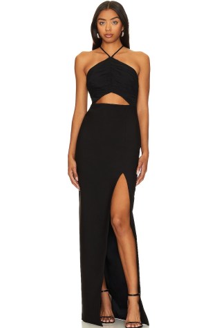 LIKELY Colby Gown in Black | strappy halterneck cut out gowns | thigh high split hem maxi dresses | glamorous halter neck evening dresses