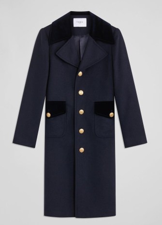 L.K. Bennett Lily Navy Recycled Wool And Velvet Coat – womens smart dark blue winter coats – women’s luxury outerwear – gold button details – front patch pockets - flipped
