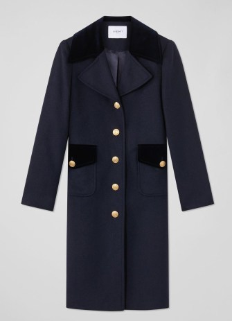 L.K. Bennett Lily Navy Recycled Wool And Velvet Coat – womens smart dark blue winter coats – women’s luxury outerwear – gold button details – front patch pockets