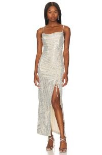 Line & Dot Glow Up Midi Dress in Silver | strappy sequinned high split hem evening dresses | sequin covered occasion fashion | side ruched detail | draped cowl neckline | skinny shoulder straps