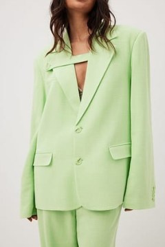 NA-KD Linen Blend Buckle Up Blazer in Green ~ women’s menswear inspired single breasted jackets ~ womens on-trend padded shoulder blazers - flipped