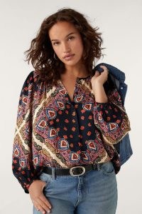 ba&sh jedi long sleeved shirt in blue | boho scarf print tops | women’s printed tops | bohemian fashion