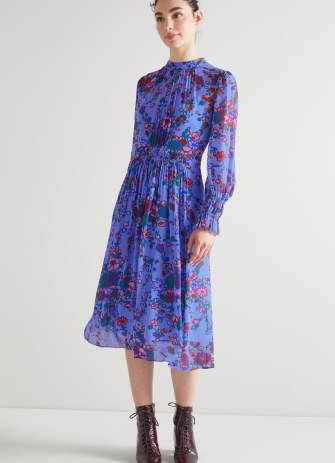 L.K. Bennett Louise Blue Naive Floral Print Midi Dress – long sleeve sheer georgette overlay dresses – feminine floaty hem – women’s luxury clothing - flipped