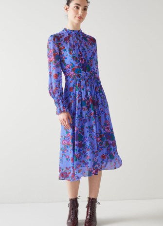 L.K. Bennett Louise Blue Naive Floral Print Midi Dress – long sleeve sheer georgette overlay dresses – feminine floaty hem – women’s luxury clothing