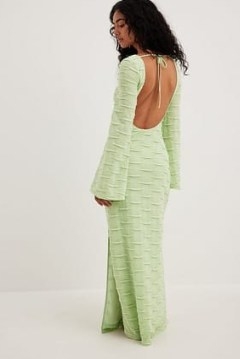 Widya Soraya x NA-KD Low Back Maxi Dress in Green ~ textured fluted sleeve dresses - flipped