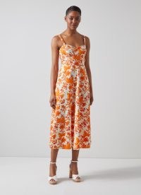 L.K. BENNETT Lucy Orange Vine Leaf Print Cotton Sun Dress / shoulder strap sweetheart neckline fit and flare dresses / luxury vintage inspired summer clothing