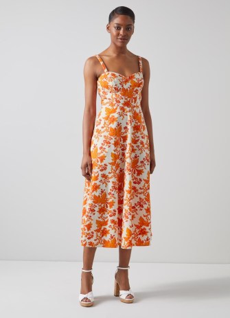 L.K. BENNETT Lucy Orange Vine Leaf Print Cotton Sun Dress / shoulder strap sweetheart neckline fit and flare dresses / luxury vintage inspired summer clothing
