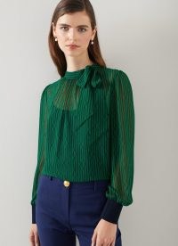 L.K. BENNETT Marcy Green And Blue Graphic Stripe Print Top ~ semi sheer slip base tops ~ striped tie neck detail blouse