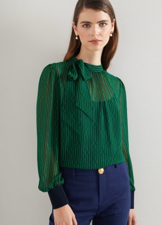 L.K. BENNETT Marcy Green And Blue Graphic Stripe Print Top ~ semi sheer slip base tops ~ striped tie neck detail blouse - flipped