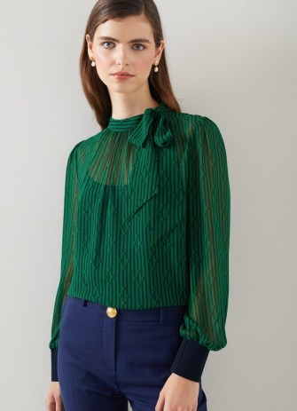 L.K. BENNETT Marcy Green And Blue Graphic Stripe Print Top ~ semi sheer slip base tops ~ striped tie neck detail blouse