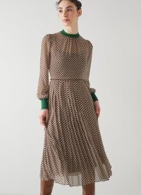 L.K. BENNETT Marianne Brown And Cream Graphic Spot Print Midi Dress / semi sheer pleated polka dot dresses with under slip