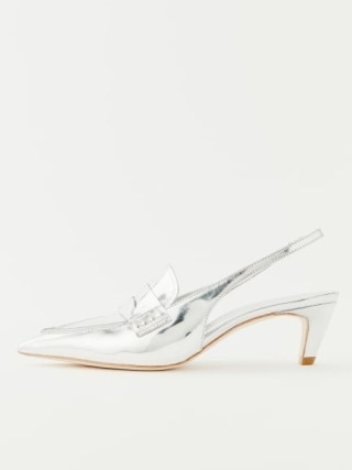 Reformation Mercy Slingback Heel in Mirror Metallic ~ glamorous silver mirrored loafer style slingback ~ luxe shiny shoes ~ women’s luxury footwear
