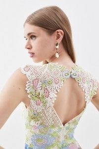 KAREN MILLEN Metallic Guipure Lace Placed Floral Pleat Midi Dress in Ivory ~ floral open back detail occasion dresses ~ cut out summer event clothing ~ feminine cutout clothes