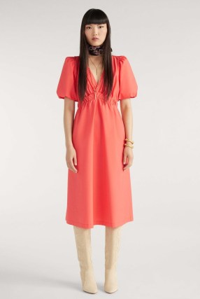 ba&sh kindy MIDI DRESS in ORANGE / vibrant puff sleeve elasticated waist dresses - flipped