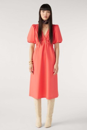 ba&sh kindy MIDI DRESS in ORANGE / vibrant puff sleeve elasticated waist dresses