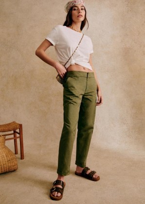 Sezane MILO PANTS in Khaki – green slim tapered leg trousers – women’s casual cuffed trouser - flipped