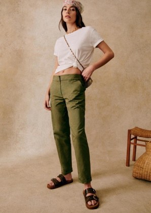 Sezane MILO PANTS in Khaki – green slim tapered leg trousers – women’s casual cuffed trouser