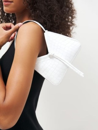 Reformation Mini Chiara Convertible Bag in White Croc-Effect / small patent leather corocodile embossed bags / cute handbags / luxe animal print handbags - flipped