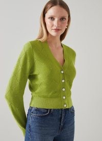 L.K. BENNETT Molli Green Metallic Cotton And Sustainably Sourced Merino Cardigan ~ sparkly V-neck cardigans with crystal buttons