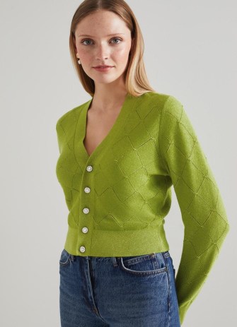 L.K. BENNETT Molli Green Metallic Cotton And Sustainably Sourced Merino Cardigan ~ sparkly V-neck cardigans with crystal buttons - flipped