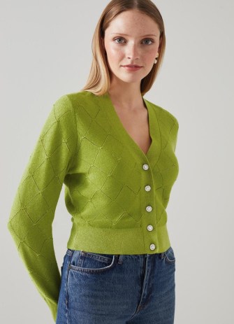 L.K. BENNETT Molli Green Metallic Cotton And Sustainably Sourced Merino Cardigan ~ sparkly V-neck cardigans with crystal buttons