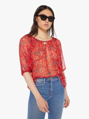 Natalie Martin Ella Top in Watercolor Vermillion / sheer red floral tops / 3/4 length balloon sleeve blouses / elastic boat neck blouse - flipped