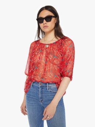 Natalie Martin Ella Top in Watercolor Vermillion / sheer red floral tops / 3/4 length balloon sleeve blouses / elastic boat neck blouse