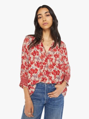 Natalie Martin Remy Top in Watercolor Dove / nude and red floral silk tops / flowy blouses