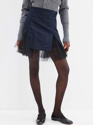 MOLLY GODDARD Max tulle-inlay satin mini skirt in navy / dark blue semi sheer skirts / feminine fashion - flipped