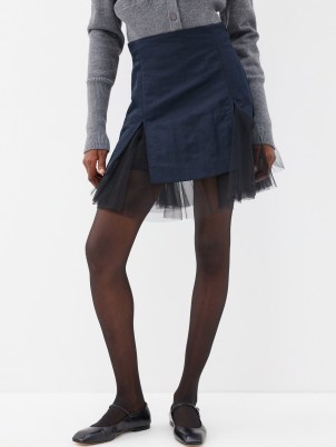 MOLLY GODDARD Max tulle-inlay satin mini skirt in navy / dark blue semi sheer skirts / feminine fashion
