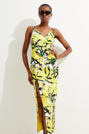 KAREN MILLEN Neon Lilly Print Strappy Maxi Dress / yellow and green floral occasion dresses / skinny shoulder strap clothing / thigh high split hem - flipped