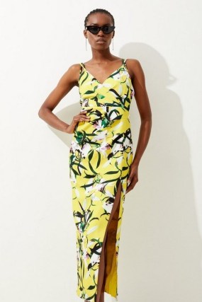 KAREN MILLEN Neon Lilly Print Strappy Maxi Dress / yellow and green floral occasion dresses / skinny shoulder strap clothing / thigh high split hem