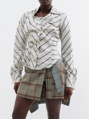 VIVIENNE WESTWOOD Asymmetric striped-cotton shirt ~ women’s ruched front shirts with asymmetrical stripes ~ edgy contemporary clothing - flipped