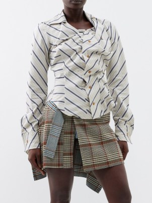 VIVIENNE WESTWOOD Asymmetric striped-cotton shirt ~ women’s ruched front shirts with asymmetrical stripes ~ edgy contemporary clothing