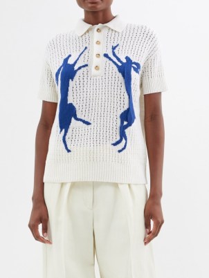 S.S. DALEY Delius Dancing Hare-jacquard merino polo shirt ~ women’s cream collared open knit tops ~ womens clothing with animal prints - flipped