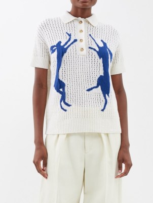 S.S. DALEY Delius Dancing Hare-jacquard merino polo shirt ~ women’s cream collared open knit tops ~ womens clothing with animal prints