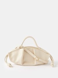 LOEWE Paseo small leather shoulder bag in cream ~ luxe mini handbags ~ luxury elongated handbag ~ pleat detail ~ pleated detail handbags with top handles