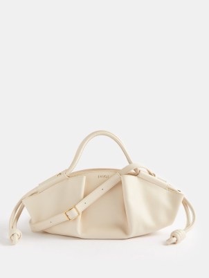 LOEWE Paseo small leather shoulder bag in cream ~ luxe mini handbags ~ luxury elongated handbag ~ pleat detail ~ pleated detail handbags with top handles - flipped