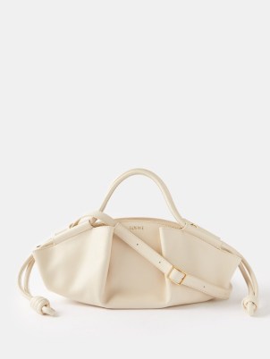 LOEWE Paseo small leather shoulder bag in cream ~ luxe mini handbags ~ luxury elongated handbag ~ pleat detail ~ pleated detail handbags with top handles