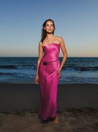 Reformation Nevaeh Dress in Flambe ~ strapless pink satin cut out dresses ~ silky bandeau neckline evening occasion clothes