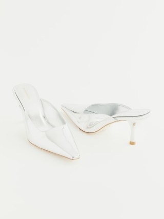 Reformation Nicoletta Mule Heel in Mirror Metallic – luxe mirrored mules – glamorous footwear – luxury high shine reflective shoes - flipped