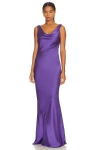 Norma Kamali Deep Drape Neck Gown Purple ~ silky sleeveless gowns ~ draped back and font maxi dresses ~ slinky long length cowl neck slip dress ~ elegant evening occasion clothing