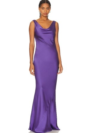 Norma Kamali Deep Drape Neck Gown Purple ~ silky sleeveless gowns ~ draped back and font maxi dresses ~ slinky long length cowl neck slip dress ~ elegant evening occasion clothing - flipped